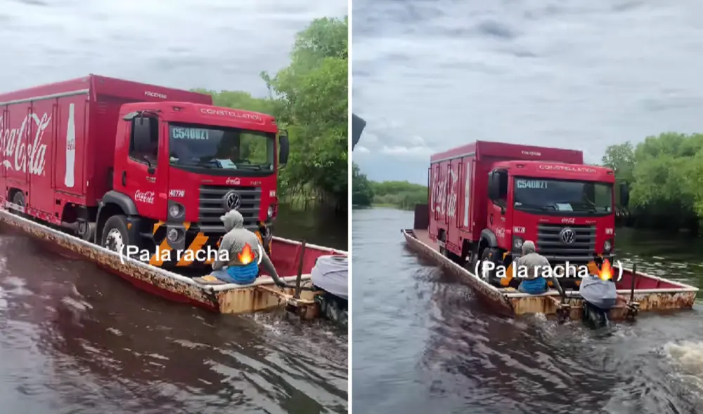 El camión de Coca Cola se trasladó de un lado del río a otro sobre un bote.