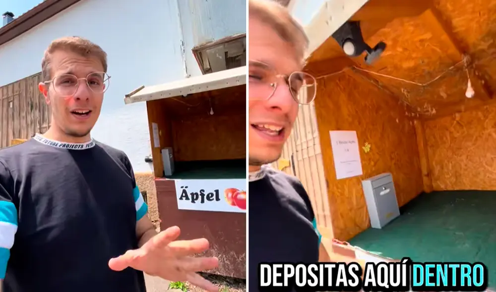 Un joven español muestra un puesto de autoservicio en Alemania, donde los compradores dejan dinero en una hucha sin necesidad de dependientes, sorprendiendo a muchos.