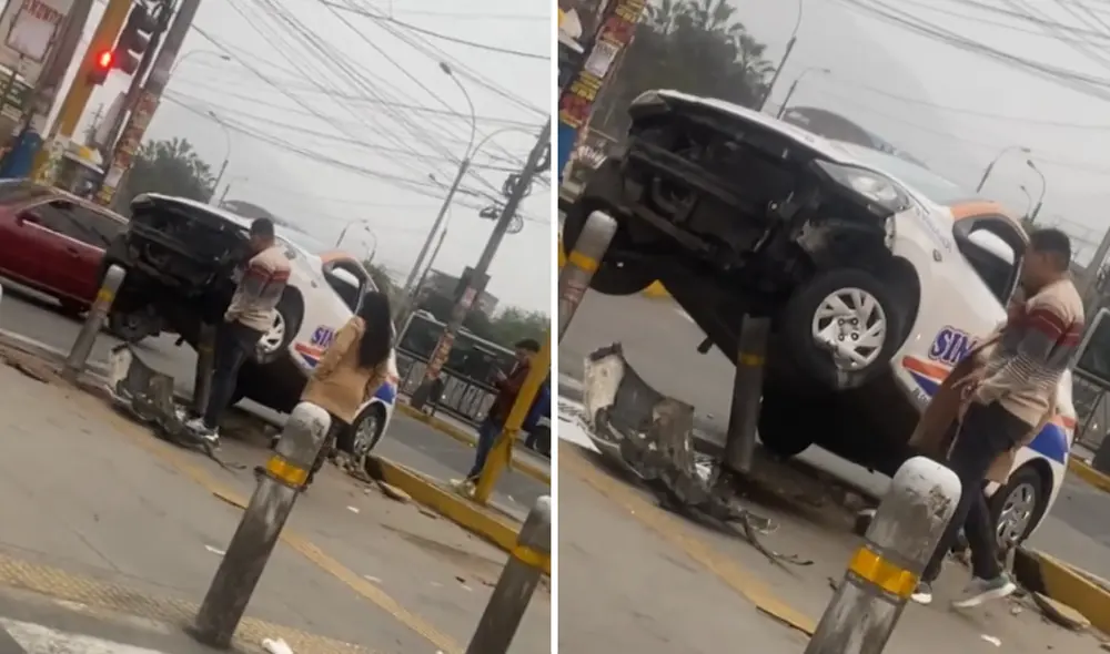 Vehículo de escuela de manejo se estrella contra poste de seguridad y queda suspendido en el aire en avenida Carlos Izaguirre Vehículo de escuela de manejo se estrella contra poste de seguridad y queda suspendido en el aire en avenida Carlos Izaguirre
