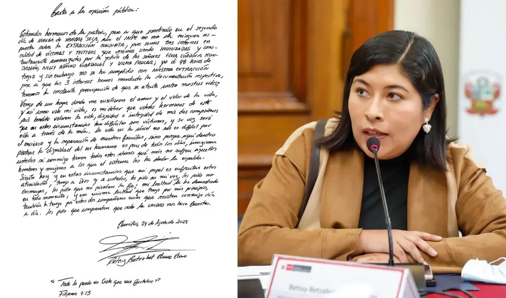 Betssy Chávez publicó mensaje tras culminar su segundo día de huelga de hambre seca | Composición: LR. Betssy Chávez publicó mensaje tras culminar su segundo día de huelga de hambre seca | Composición: LR.