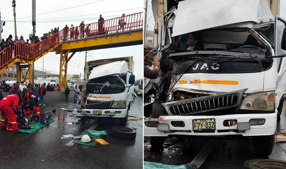 Fuerte colisión entre bus y camión deja copiloto herido en VES Fuerte colisión entre bus y camión deja copiloto herido en VES