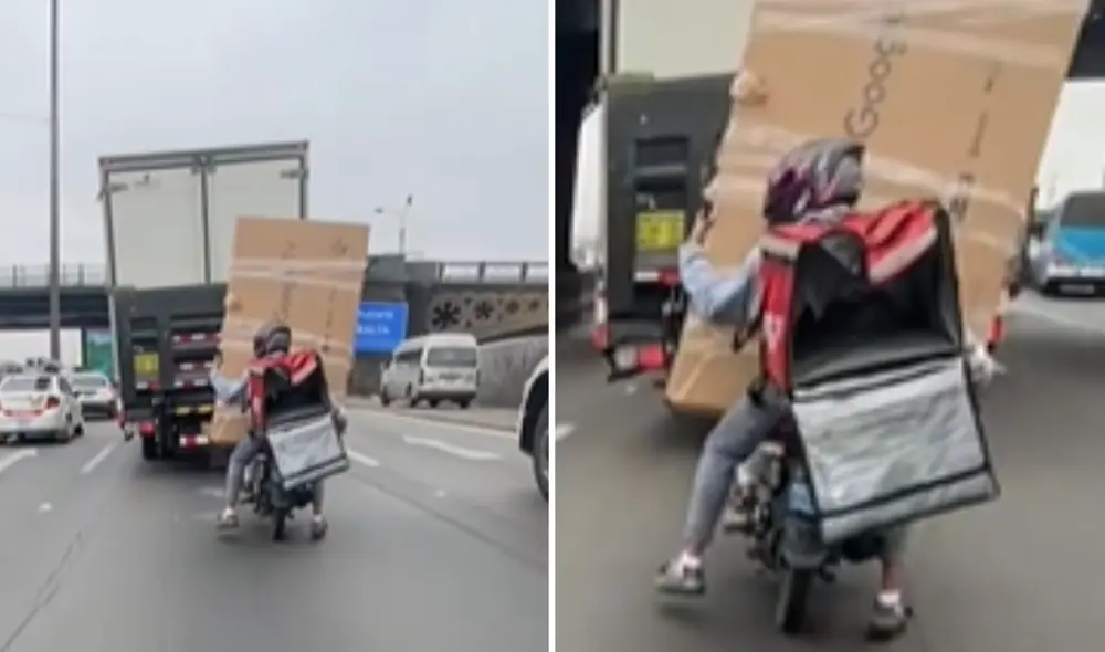 Delivery sorprende al trasladar televisor en su motocicleta.