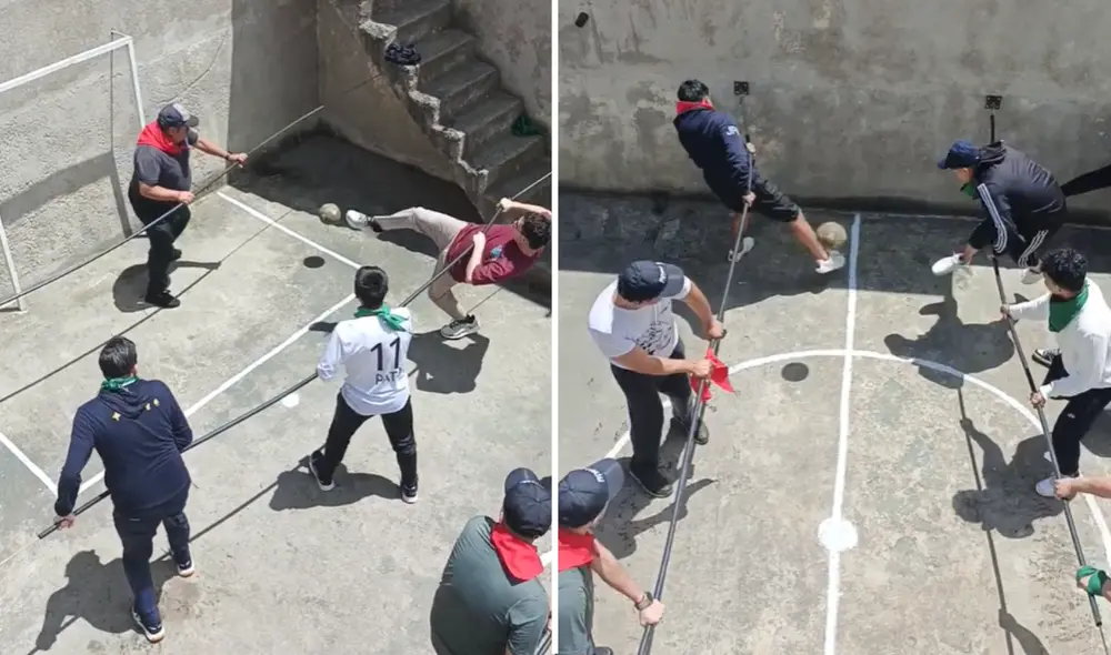 Hombres imitan fulbito de mesa en vida real en una feria en Ecuador.