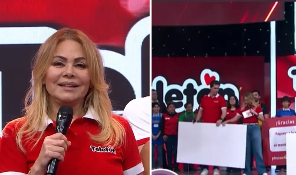 Gisela Valcárcel estuvo en la conducción de la Teletón 2025 acompañada de Ethel Pozo y Christian Rivero. Foto: Composición LR/YouTube.