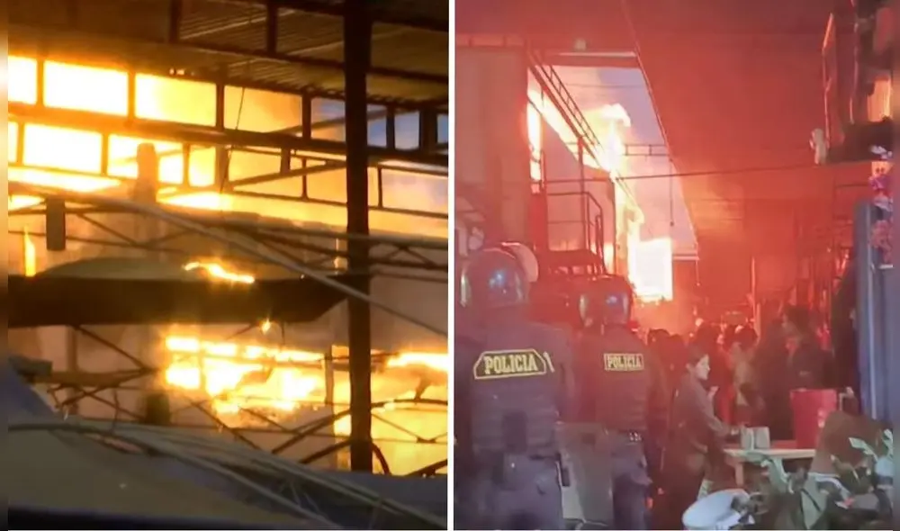 Incendio en el Mercado de Flores tras enfrentamiento de comerciantes y la PNP en el Rímac.
