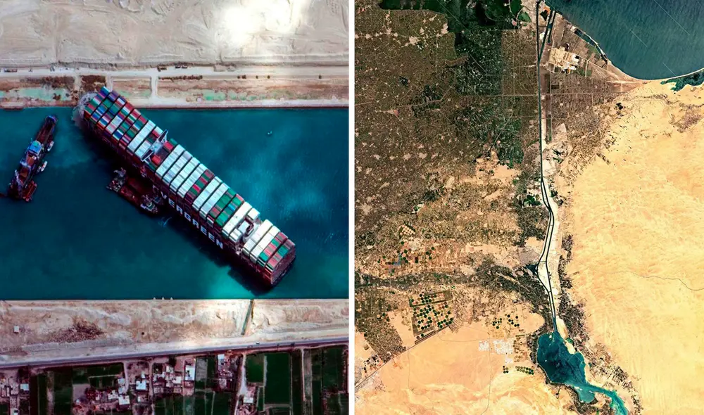 El canal de Suez es una vía marítima artificial en Egipto que conecta el mar Mediterráneo con el mar Rojo. Foto: Composición LR El canal de Suez es una vía marítima artificial en Egipto que conecta el mar Mediterráneo con el mar Rojo. Foto: Composición LR