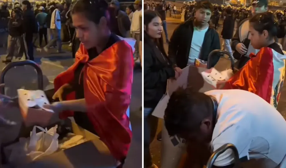 La creadora de contenido Moca llegó hasta el Centro de Lima con más de 100 porciones de pollo a la brasa para repartir a los manifestantes.