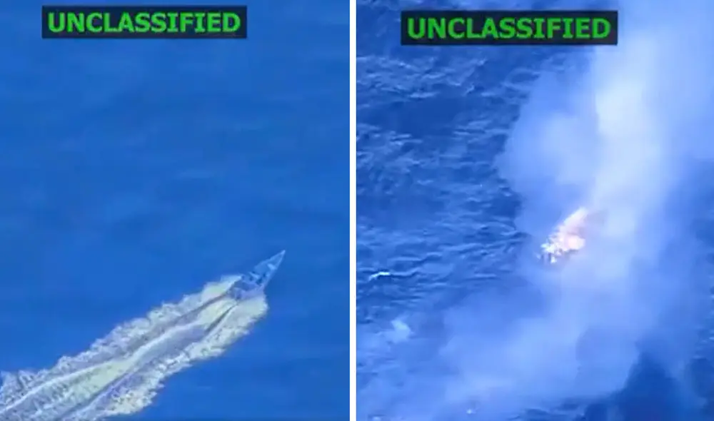 El Pentágono difundió un video del ataque en el Caribe contra una lancha con presuntos cargamentos de droga. Foto: Departamento de Guerra de EE. UU.