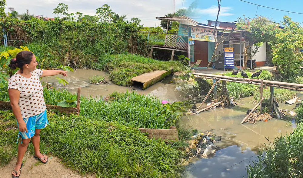 Familias viven al margen de un desagüe a cielo abierto en el distrito de Punchana. Foto: Diego Alva
