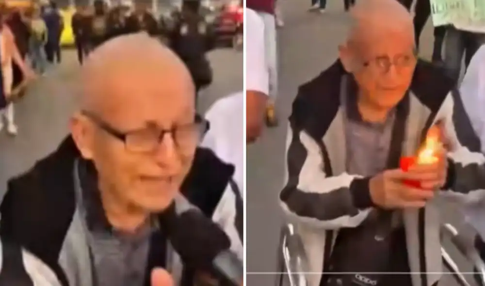 Pese a su dificultad física por caminar, el adulto mayor se presentó en la marcha para apoyar a los jóvenes. Pese a su dificultad física por caminar, el adulto mayor se presentó en la marcha para apoyar a los jóvenes.