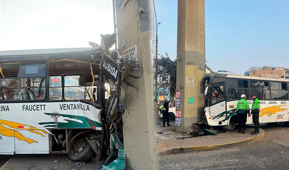 Una unidad del bus La Roma se chocó contra una estructura de la Línea del Metro de Lima en San Juan de Lurigancho.