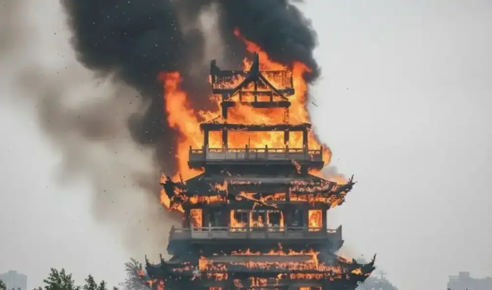 El pabellón Wenchang quedó destruido tras el incendio en el templo Yongqing. Foto: X