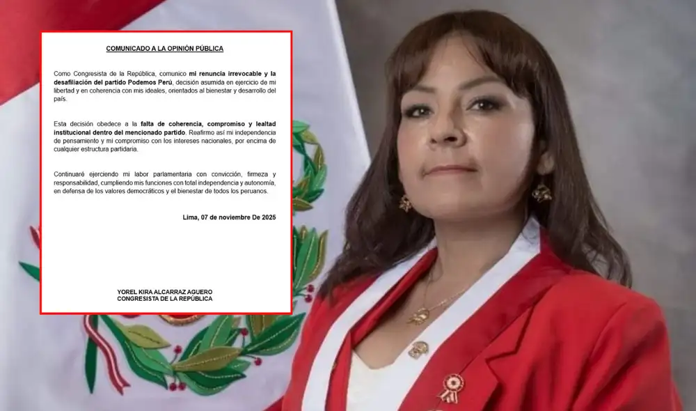 "Continuaré ejerciendo mi labor parlamentaria con convicción, firmeza y responsabilidad", señaló Kira Alcarraz en su carta de renuncia a Podemos Perú.