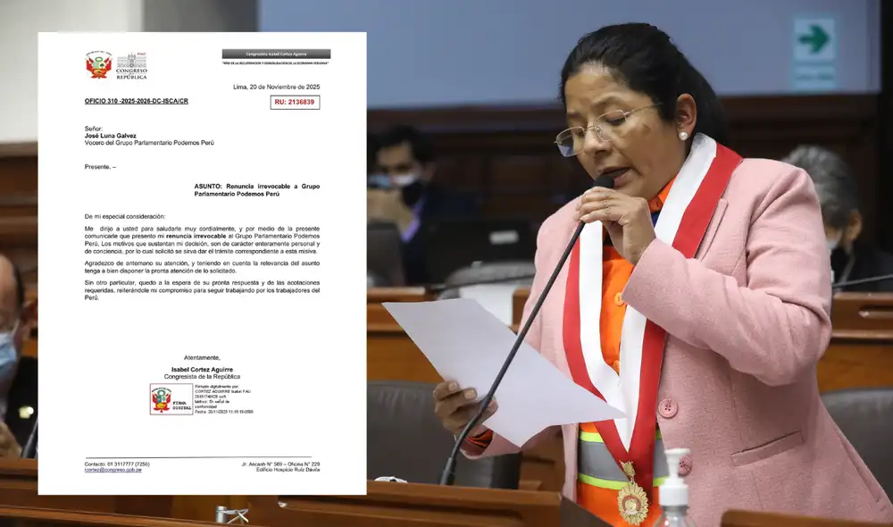 Congresista Isabel Cortez renuncia a la bancada Podemos Perú por motivos "personales y de conciencia" Congresista Isabel Cortez renuncia a la bancada Podemos Perú por motivos "personales y de conciencia"