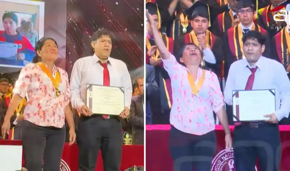 La madre de familia se emocionó al recoger el diploma póstumo de la UNI de su hijo.