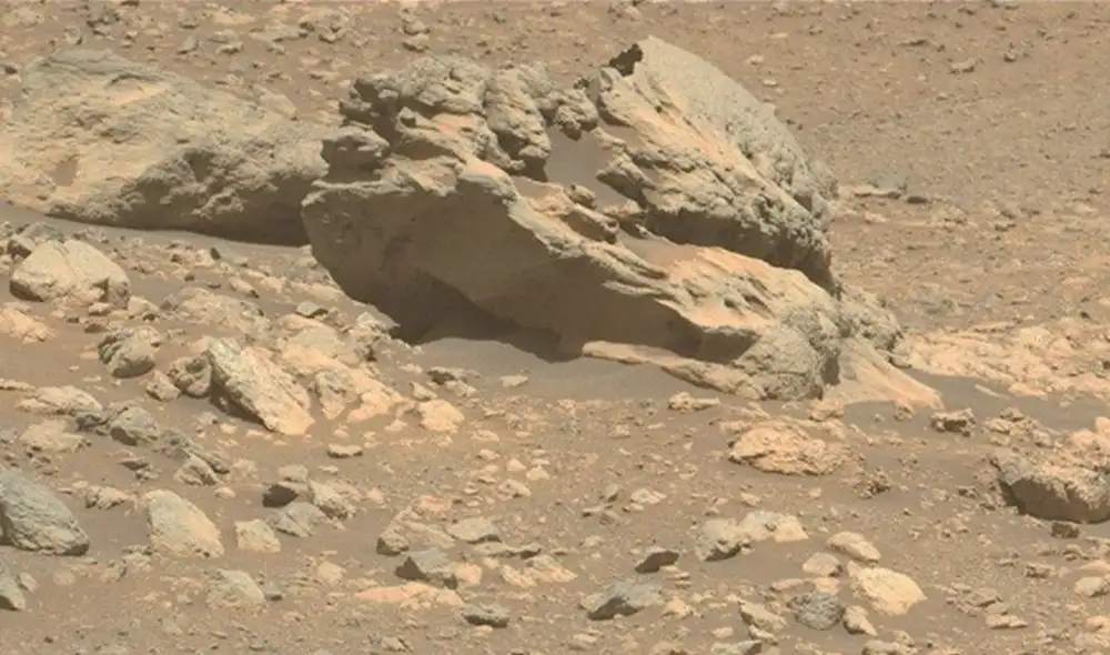 La roca descubierta por el rover de la NASA llamó la atención por su apariencia esculpida y elevada. Foto: NASA/JPL-Caltech/ASU La roca descubierta por el rover de la NASA llamó la atención por su apariencia esculpida y elevada. Foto: NASA/JPL-Caltech/ASU