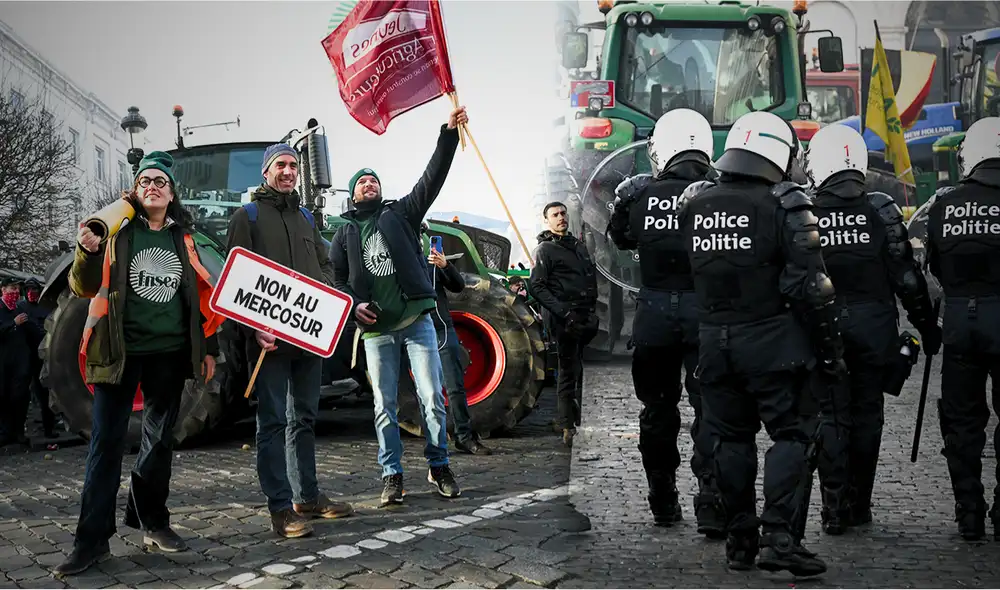 Agricultores protestan en Bruselas contra el acuerdo UE-Mercosur con tractores, disturbios y tensión política. Agricultores protestan en Bruselas contra el acuerdo UE-Mercosur con tractores, disturbios y tensión política.