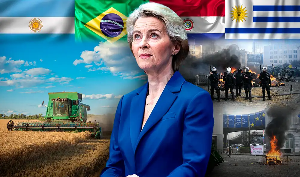 Agricultores europeos protestan en Bruselas contra el acuerdo comercial entre la Unión Europea y el Mercosur.