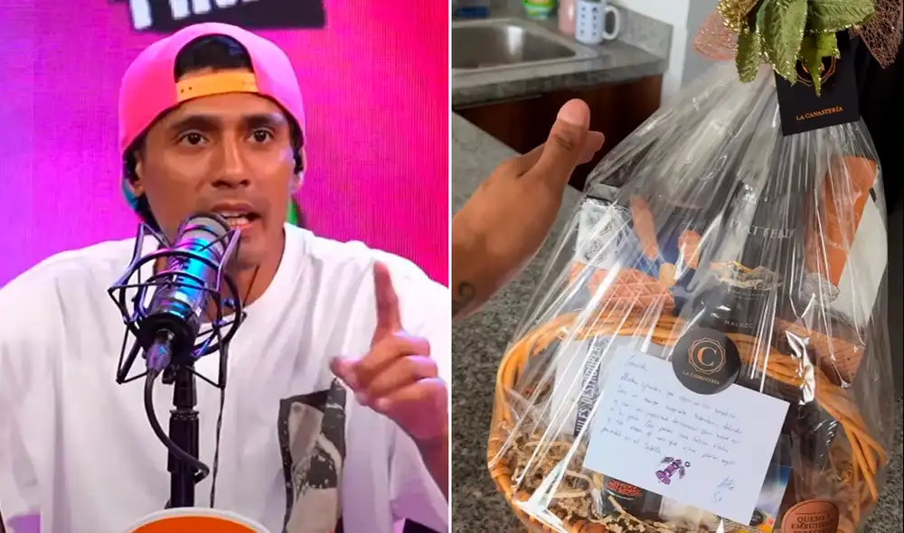 Gerardo Pe' mostró la canasta que el canal de Jefferson Farfán le envió. Foto: Composición LR/Youtube/Instagram.