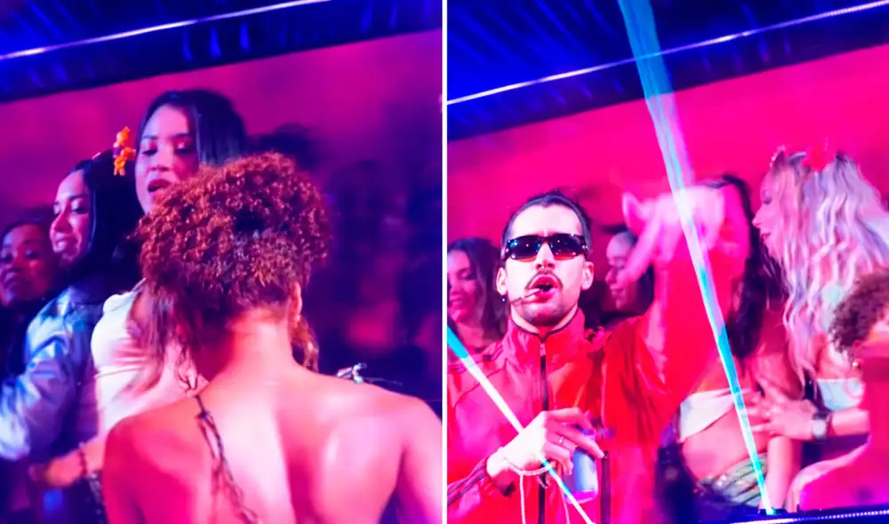 Dos jóvenes se empujaban detrás de Bad Bunny para mostrarse frente a la pantalla gigante.