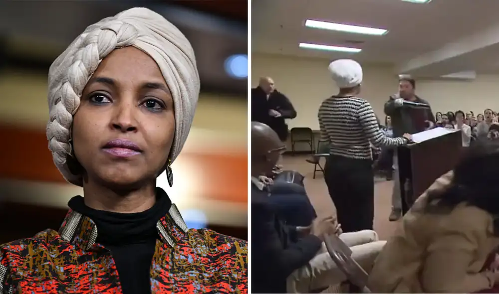 Un sujeto desconocido atacó a la congresista demócrata Ilhan Omar durante su discurso en Mineápolis, EE. UU. Un sujeto desconocido atacó a la congresista demócrata Ilhan Omar durante su discurso en Mineápolis, EE. UU.
