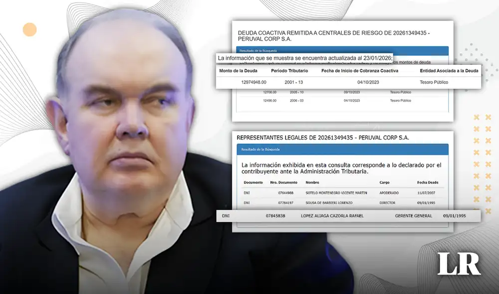 López Aliaga dice que no debe nada a Sunat, pero la empresa Peruval Corp. S.A. que presidió y gerenció entre 1995 y 2022, arrastra una deuda coactiva de S/13 millones. Foto: composición LR