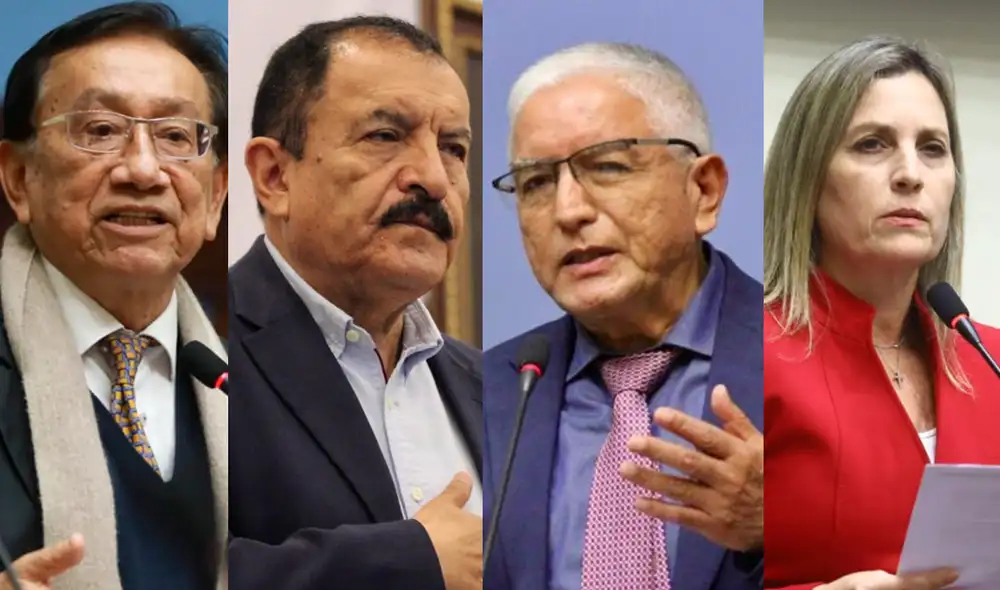 De izquierda a derecha: José María Balcázar (Perú Libre), Edgard Reymundo (Bloque Democrático Popular), Héctor Acuña (Honor y Democracia) y Maricarmen Alva (Acción Popular) | Composición: LR.