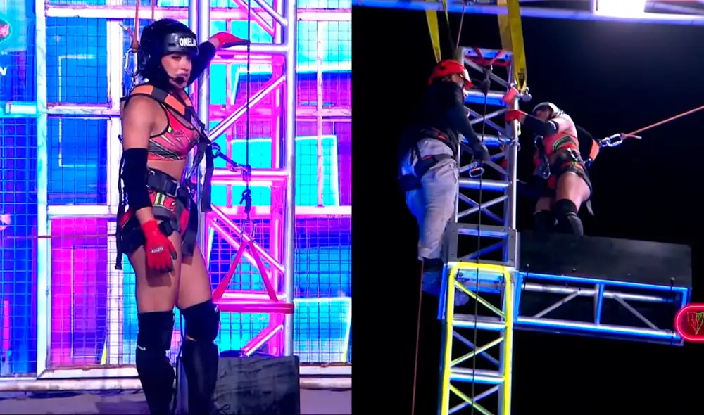 Onelia Molina enfrenta su mayor miedo en ‘Esto es guer ra’lanzándose desde más de 10 metros. A pesar de su pánico a las alturas, intenta cumplir el reto extremo para ayudar a su equipo. Foto: captura/América TV