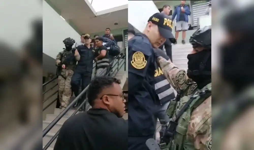 Uno de los policías detenidos delante de sus compañeros en Huaura. Uno de los policías detenidos delante de sus compañeros en Huaura.