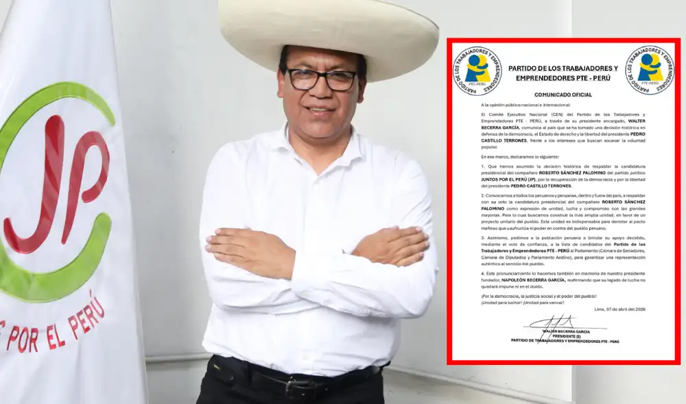 PTE Perú anuncia respaldo a Roberto Sánchez de Juntos por el Perú a 5 días de las Elecciones 2026