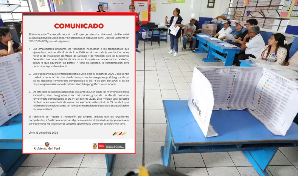 Las horas no laboradas durante la jornada electoral deberán ser compensadas según acuerdo entre trabajador y empleador, según el MTPE.