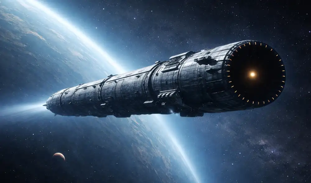 El diseño de una nave polifuncional que llevaría a una colonia de humanos a Alfa Centauri. Foto: DALL-E