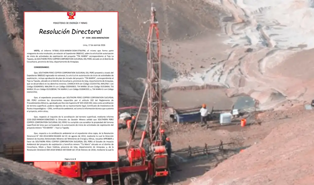 Minem autorizó a Southern Perú Copper Corporation el inicio de la primera etapa de explotación del proyecto minero Tía María, en Arequipa.