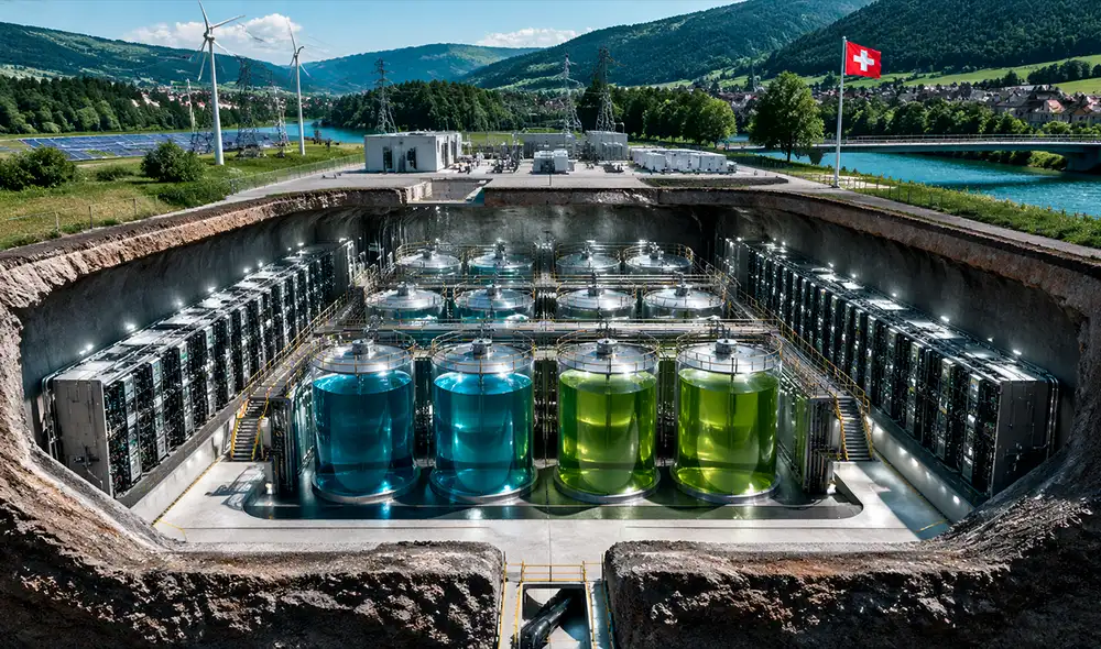 La planta de almacenamiento energético de Suiza emplea tecnología de baterías de flujo redox.