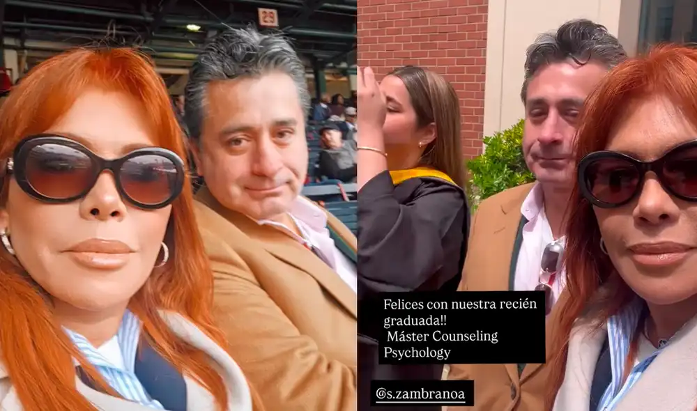 La conductora de televisión compartió en sus redes sociales momentos de la ceremonia y destacó su buena relación con Claudia Almenara, ex de Alfredo Zambrano. Fotos: Instagram/Magaly Medina.