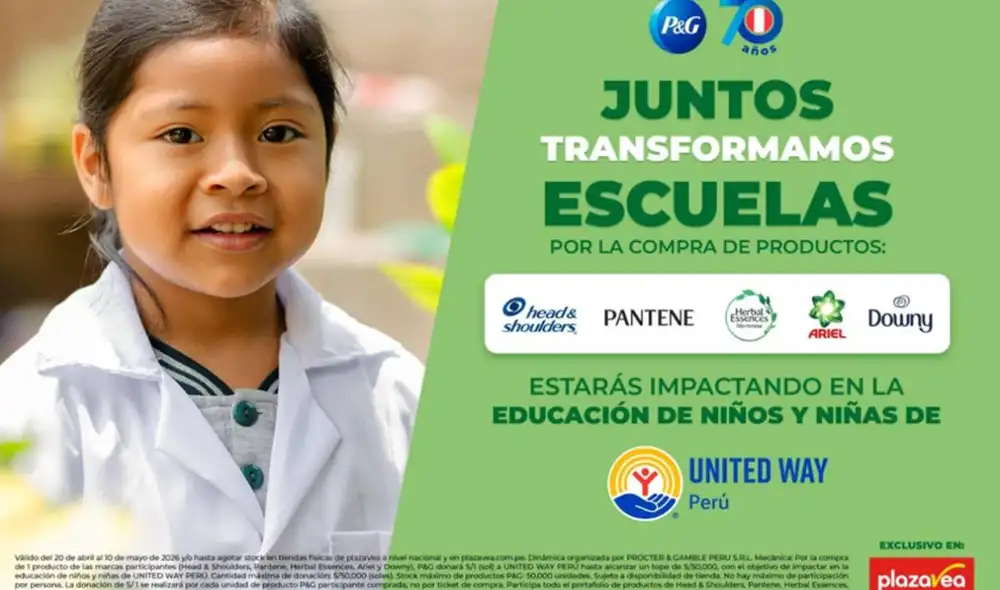 Desde el 20 de abril hasta el 10 de mayo, por cada compra, P&G donará S/1 a la red United Way Perú. Desde el 20 de abril hasta el 10 de mayo, por cada compra, P&G donará S/1 a la red United Way Perú.