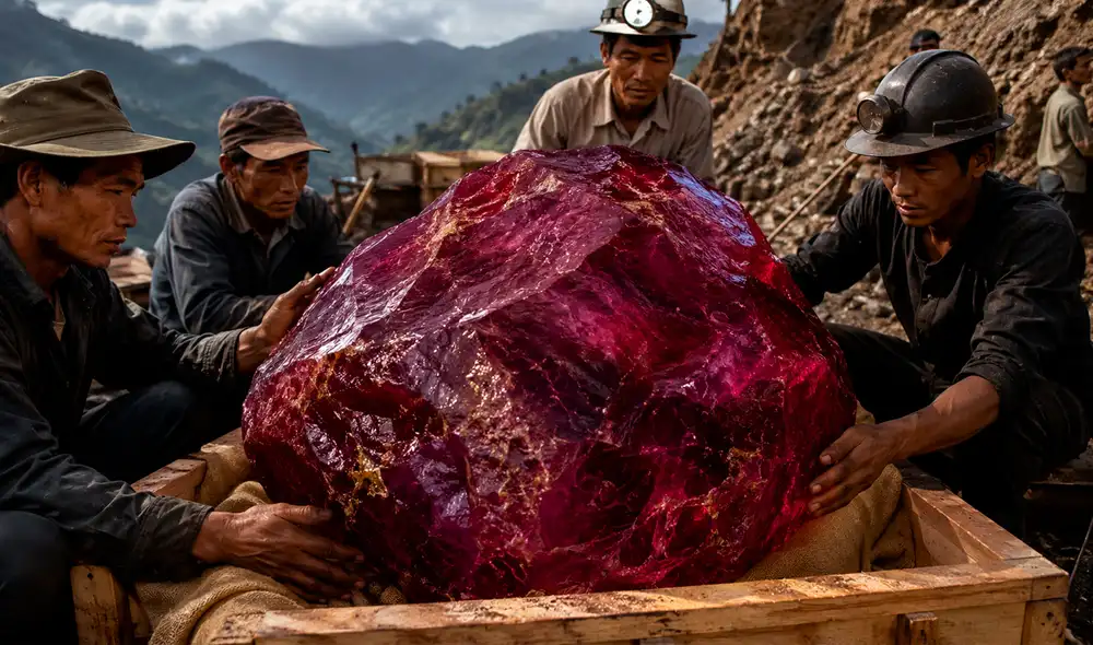 Hallado en la región de Mogok, destaca por su color rojo púrpura con matices amarillos. Se estima que alcanzará un valor millonario gracias a su pureza y calidad cromática.
