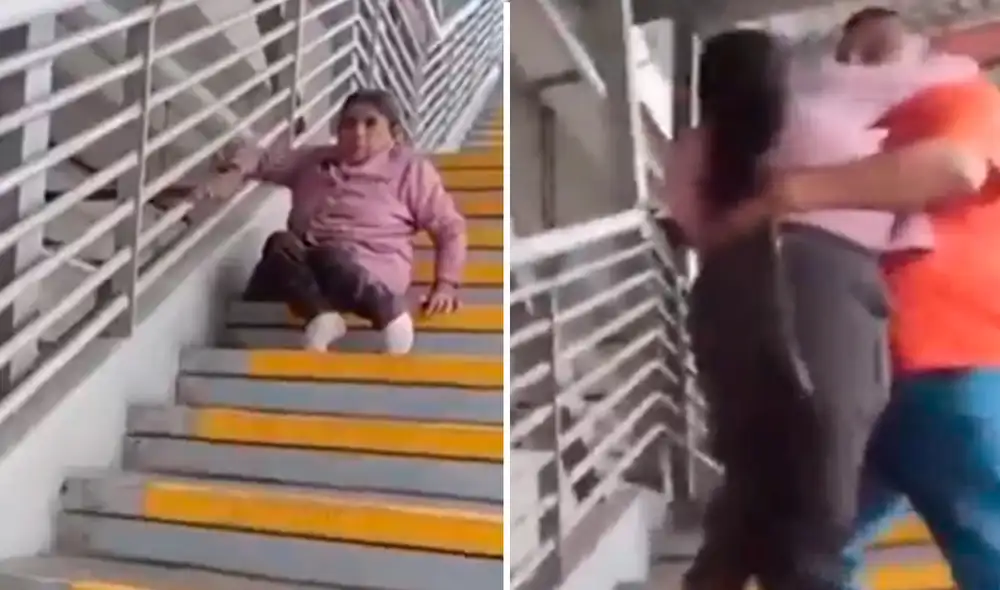 La mujer tuvo que ser auxiliada por otro usuario, quien la cargó para movilizarla hacia la parte baja de la estación