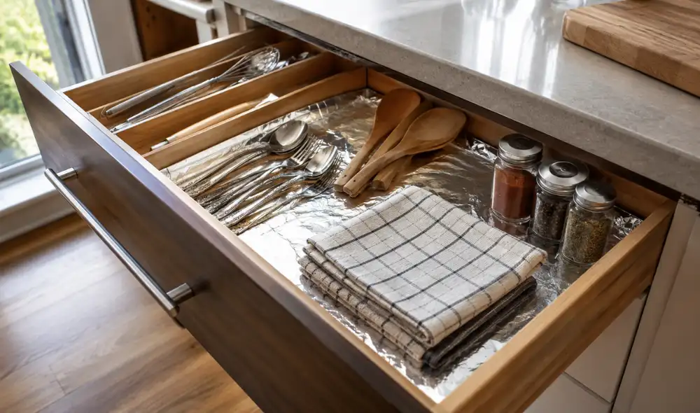 El papel aluminio se ha convertido en un aliado para proteger los cajones de cocina, evitando la humedad y suciedad. El papel aluminio se ha convertido en un aliado para proteger los cajones de cocina, evitando la humedad y suciedad.