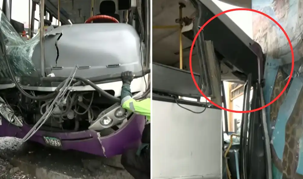 Un bus del Corredor Morado tuvo un grave accidente en San Juan de Lurigancho, chocando contra una columna de la Línea 1 del Metro de Lima.