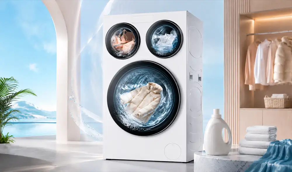 Haier ha lanzado una innovadora lavadora frontal de tres tambores llamada XQGL125-MBLDE697WU1, que permite lavar diferentes cargas simultáneamente sin mezclar textiles.
