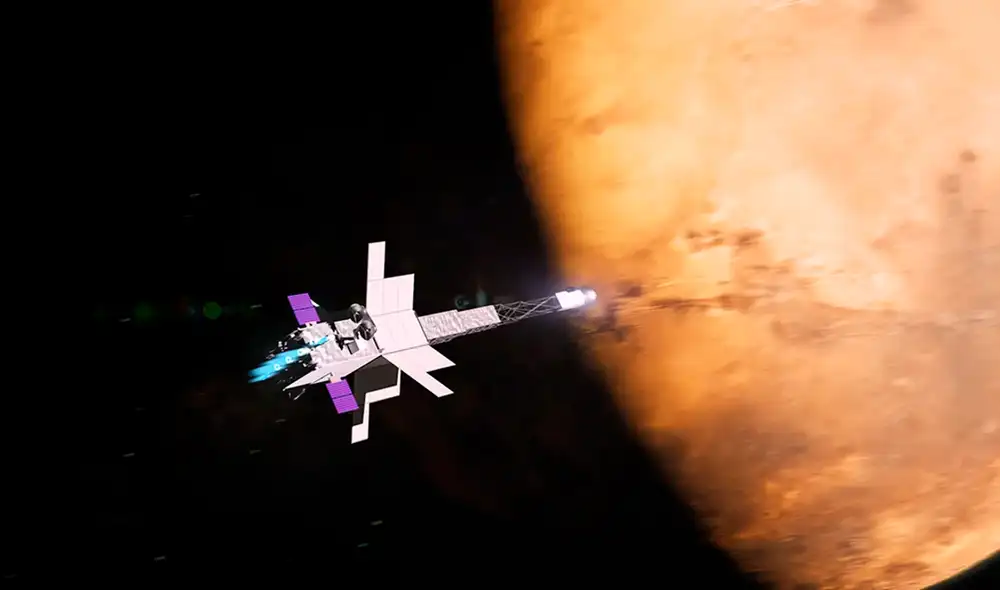Recreación artística de una nave espacial de propulsión nuclear que la NASA  planea lanzar a Marte. Foto: NASA