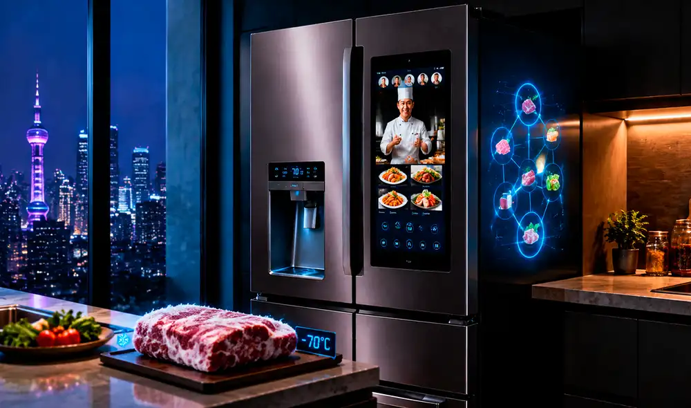 China hace su debut en electrodomésticos conectados con una refrigeradora inteligente 5G de Haier Smart Home, presentada en la AWE 2021 en Shanghái, centrada en la conservación de alimentos.