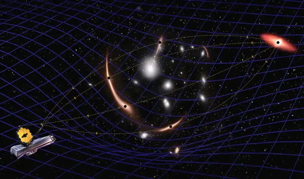 Ilustración del telescopio espacial James Webb observando la galaxia anfitriona del agujero negro mediante una lente gravitacional. Foto: Navid Marvi/Carnegie Science