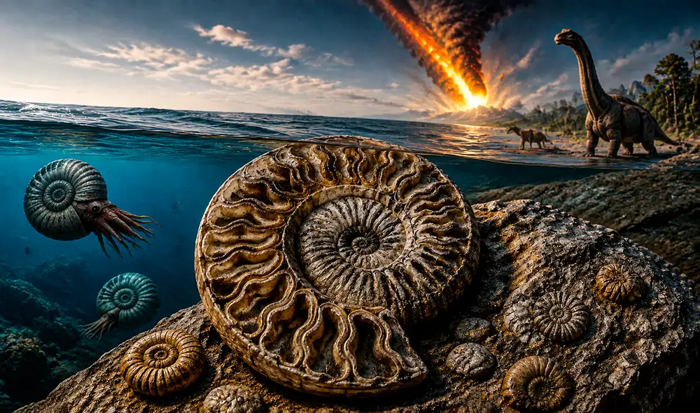 La extinción de los ammonites, un grupo clave de moluscos cefalópodos, ocurrió hace 66 millones de años tras un evento cataclísmico que también afectó a los dinosaurios, marcando nuestra historia terrestre. La extinción de los ammonites, un grupo clave de moluscos cefalópodos, ocurrió hace 66 millones de años tras un evento cataclísmico que también afectó a los dinosaurios, marcando nuestra historia terrestre.