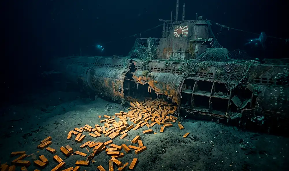 El oro sigue sin aparecer y algunas partes del submarino japonés son inaccesibles hasta ahora. Foto: Gemini IA El oro sigue sin aparecer y algunas partes del submarino japonés son inaccesibles hasta ahora. Foto: Gemini IA