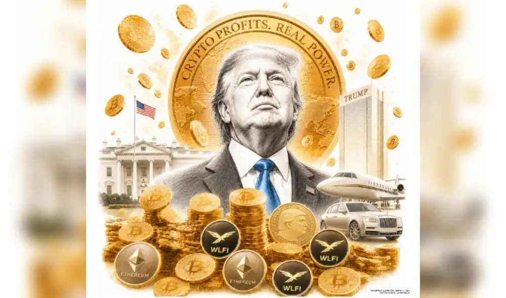 Trump defiende el negocio familiar de las criptomonedas, pese a las críticas de sus opositores. Ilustración: Soraya K. con asistencia de IA.