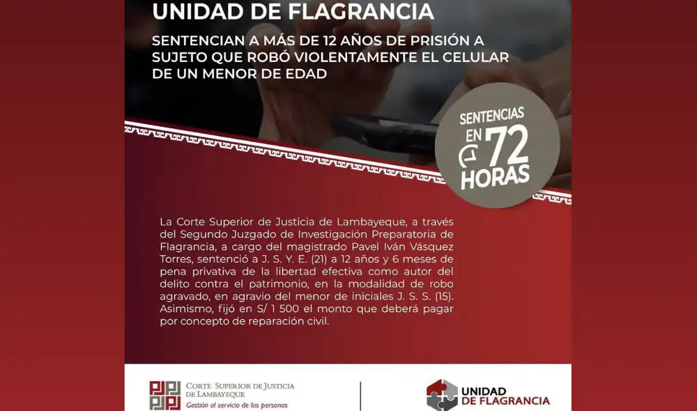 El tribunal impuso también una reparación civil de S/ 1,500. Fuente: difusión.