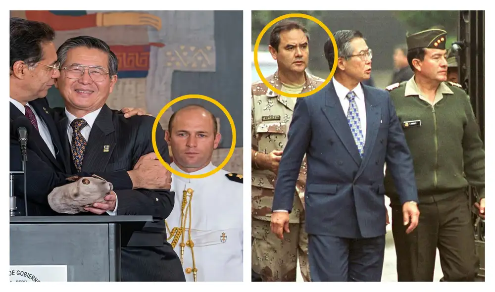 Edecanes presidenciales en funciones: a la izquierda, el entonces capitán de fragata Francisco Calisto Giampietri, en 1998; y a la derecha, el coronel José Tantaleán Alatrista, en 2000. Foto: difusión