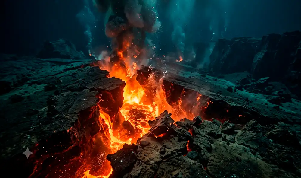 Un vasto depósito de magma bajo la caldera de Kikai parece estar volviéndose a llenar. Foto: Gemini IA Un vasto depósito de magma bajo la caldera de Kikai parece estar volviéndose a llenar. Foto: Gemini IA